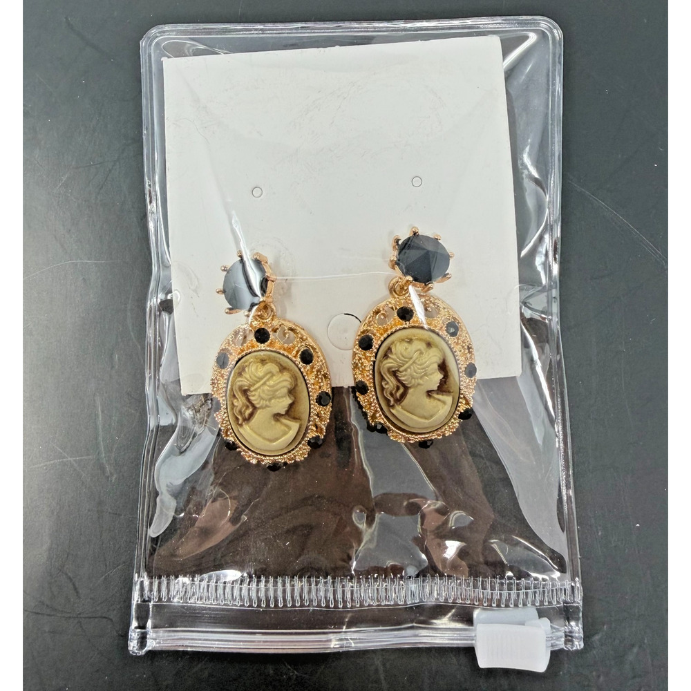 Cameo Style Drop Earrings Black Gold Tone Victorian Lady Oval 24mm - Picture 2 of 7